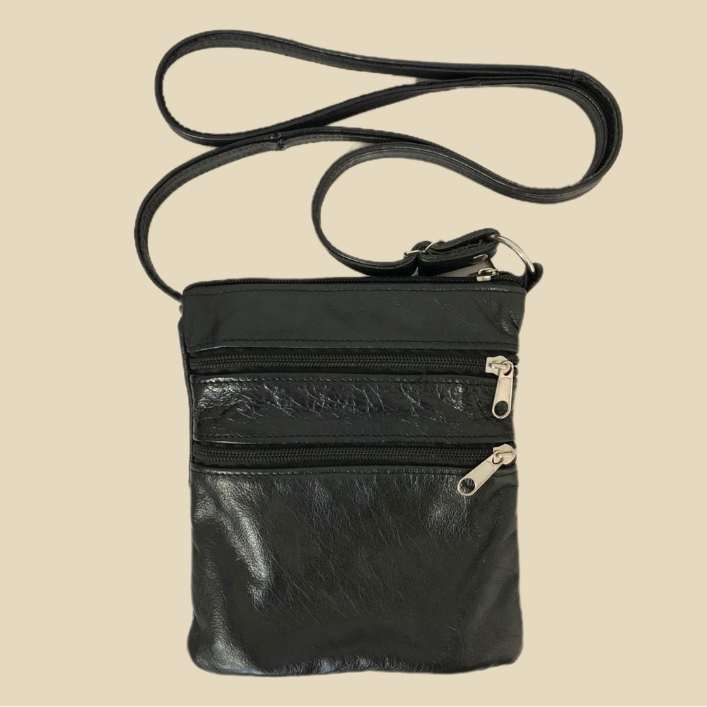 Vintage Black Genuine Leather Fold Over Crossbody Bag Made in Mexico